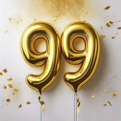 Gold birthday / anniversary balloon, number 99, white background with confetti