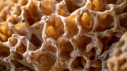 close-up of intricate natural patterns and textures in an organic material, such as honeycomb or coral, with full depth of field highlighting the beautiful complexity of the design in nature