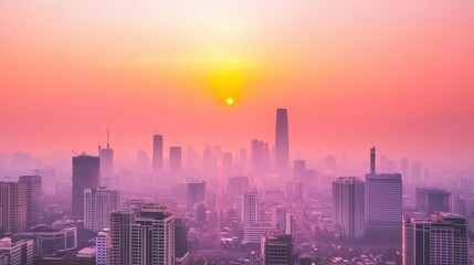 A stunning cityscape at sunset, featuring silhouettes of skyscrapers against a vibrant pink and orange sky, enveloped in a soft haze.