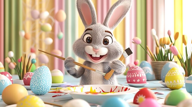 Cute Bunny Painting Easter Eggs