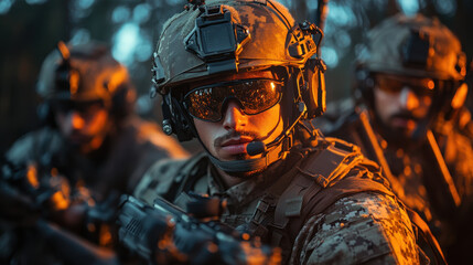 Fototapeta premium Military personnel in tactical gear, equipped with weapons and communication devices, display focus and determination in forest setting. warm light enhances intensity of scene