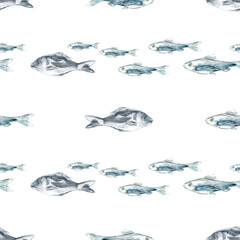 Seamless pattern of swimming fish in the lane in watercolor. A flock of small fish with big fish swim in different directions is depicted as seamless borders. The shiny fish scales and fins are