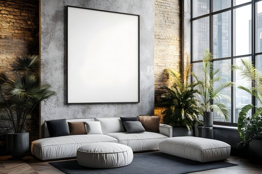 Modern Living Room with Blank Poster on Wall in Stylish 3D Rendering Interior