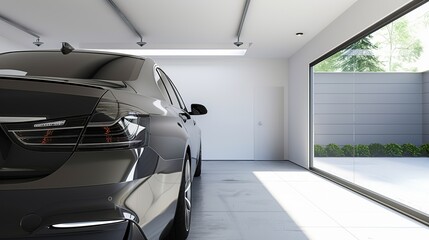 Fototapeta premium Modern car parked in spacious garage, ready for trade-in, showcasing clean and well-maintained interior.