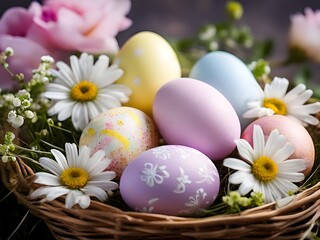 Fototapeta premium pastel-colored Easter eggs in a wicker basket, surrounded by delicate spring flower