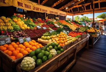 Fototapeta premium vibrant produce displays highlighting farm table freshness colorful labeling that engage senses, organic, seasonal, fruits, vegetables, quality, local