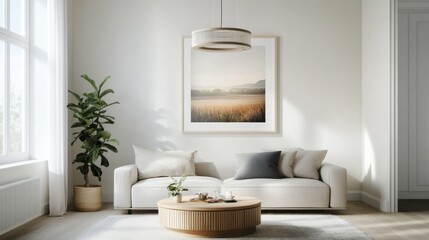 Fototapeta premium A serene living room with a cozy sofa, coffee table, and indoor plant, promoting relaxation.