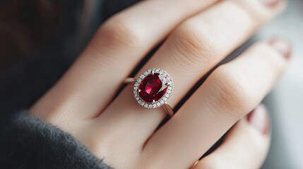 The deep red of a ruby gemstone ring stands out on a woman's hand, creating a stunning contrast and exuding timeless elegance.