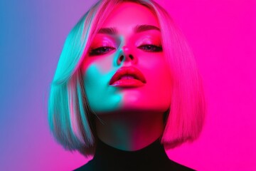 Obraz premium Stylish woman with short blonde hair, wearing oversized futuristic sunglasses in vibrant neon lighting.