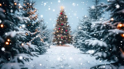 A snowy forest path leading to an enchanted Christmas tree