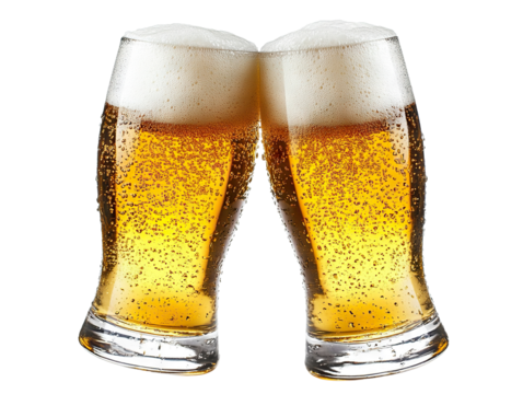Two beer glasses clinking together with foam, isolated on transparent cutout background