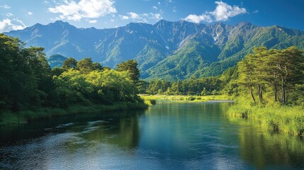Fototapeta premium The fresh green landscapes of Kamikachi, with the tranquil Azusa River and the towering peaks of the Hotaka Mountains creating a serene and picturesque scene.