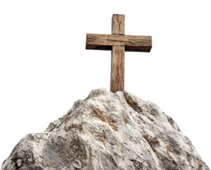 Wooden cross on a rocky mountain peak, isolated on transparent cutout background