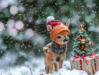 Adorable Baby Fawn in Festive Hat and Scarf by Snowy Tree