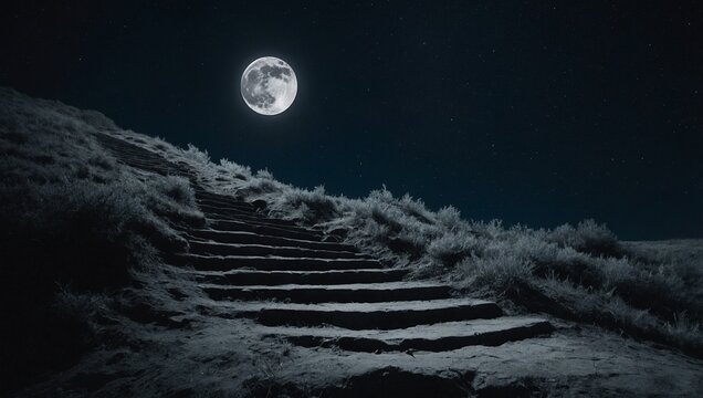 there is a cold moon in the night sky, and below there is a mountain with steps leading up
