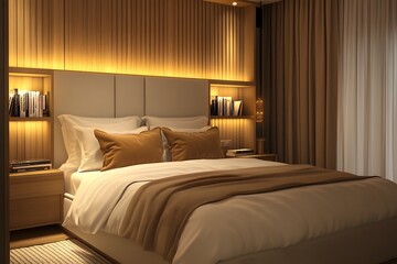 Stylish and Cozy Hotel Bedroom with Nightstand and Books in Soothing Ambience