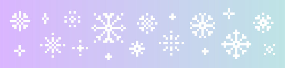 Winter gradient background. Set of y2k pixel art snowflake icons. Winter game elements. Christmas pattern. Mood of 90's aesthetics. 8-bit retro style pixel vector illustration. Simple geometric shape