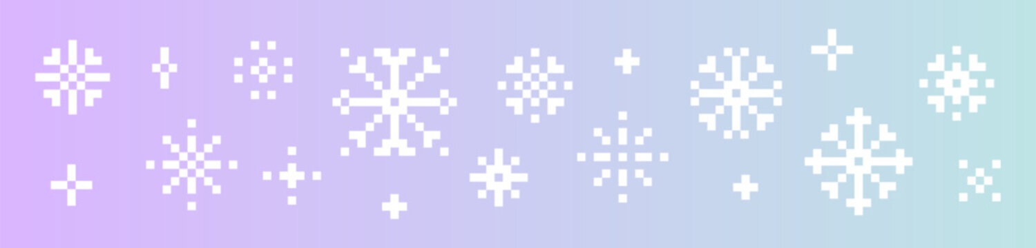 Winter gradient background. Set of y2k pixel art snowflake icons. Winter game elements. Christmas pattern. Mood of 90's aesthetics. 8-bit retro style pixel vector illustration. Simple geometric shape