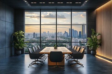 Modern Office Interior with Panoramic City Skyline View Through Window