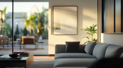Fototapeta premium A modern living room with a view of a lush outdoor space.