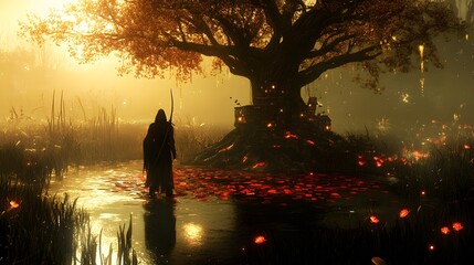 Fototapeta premium Mysterious Figure Stands Before Ancient Tree with a Glowing Village
