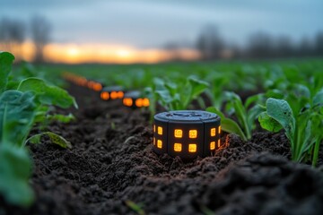 Lights in a field at sunset