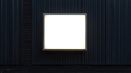 A blank illuminated sign mounted on a dark corrugated wall, ready for messages or advertisements.