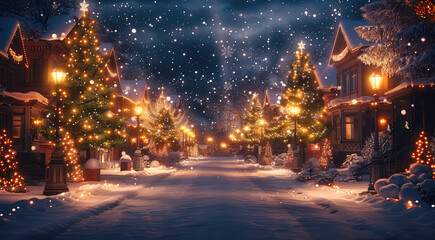 A beautiful Christmas trees, at night time Christmas city, with a Christmas trees and snow covered buildings warm lights with a dark night sky, with a stars showing.