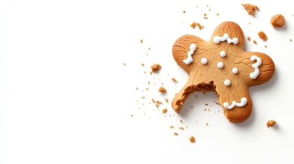 A delightful gingerbread cookie with bite missing, decorated with icing and sugar beads, perfect for holiday treats and festive baking.