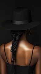 A woman wearing a black hat with a black ribbon