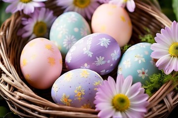 Fototapeta premium pastel-colored Easter eggs in a wicker basket, surrounded by delicate spring flower