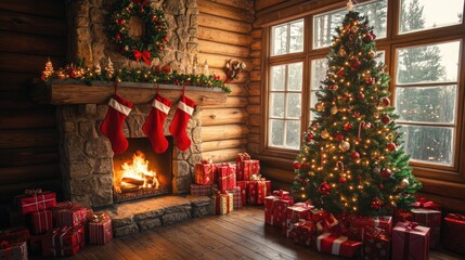 Fototapeta premium Traditional Christmas room with a stone fireplace, stockings hung on the mantel, and a Christmas tree surrounded by presents, set inside a rustic wooden house.