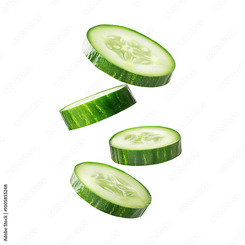 Poster floating green cucumber slices, isolated on transparent cutout background