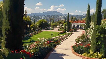 Obraz premium Mediterranean Villa Garden with Mountain View