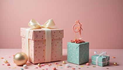 Three Gift Boxes with pink ribbon and gold balloon on pink background with space for copying
