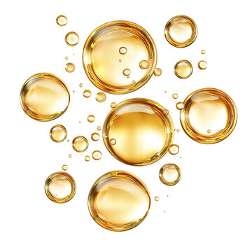 Shiny golden oil bubbles, isolated on transparent cutout background