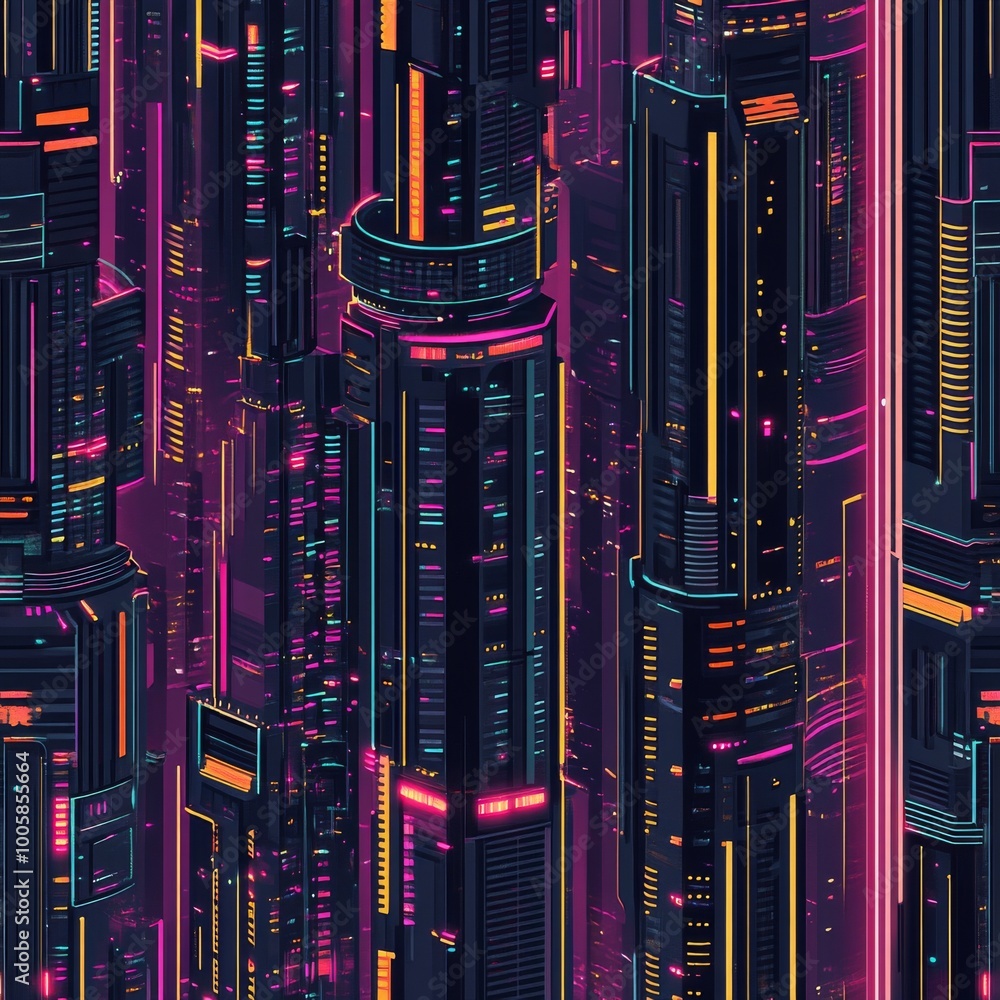 Poster layout pattern featuring repetitive futuristic skyscrapers with neon accents, creating a pattern.
