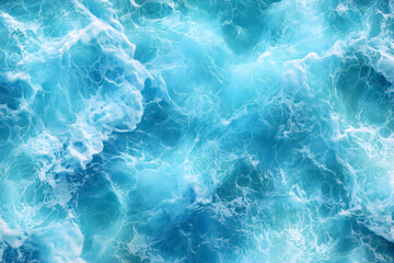 Fototapeta premium Pure blue turquoise water texture of the ocean sea with foam from and waves, Sea ocean water color background