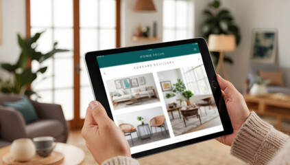holding a tablet with both hands, displaying an interior design application