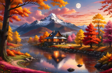 Obraz premium Autumn landscape, an old house in a wooded area, the trees are in bright autumn colors, a quietly flowing river reflecting the sky with shades of pink and gold.