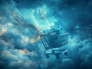 Black Friday shopping bags with wings, flying through a cloudy sky, imaginative and surreal