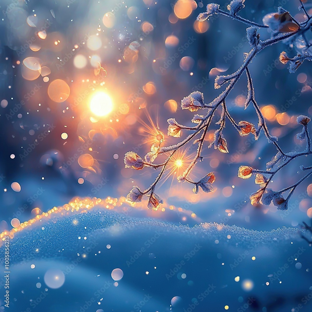 Poster frosty tree branch with bokeh lights in a snowy winter scene.