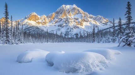 Stunning winter landscape with snow-covered mountains and a frozen lake.