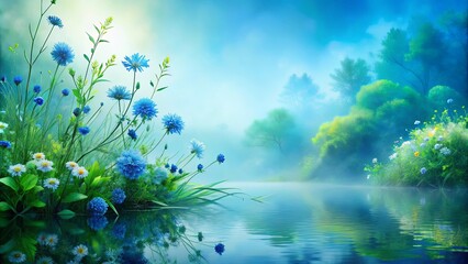 Fototapeta premium Misty Morning Reflections of Blue Flowers by the Water