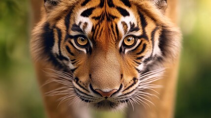 Fototapeta premium A fierce tiger staring directly at the viewer, showcasing its powerful presence and striking facial features in a natural setting.