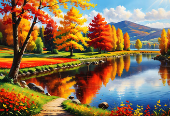 Obraz premium Autumn landscape, bright shades of red, orange and yellow, calm lake, in the distance rise hills covered with autumn vegetation.