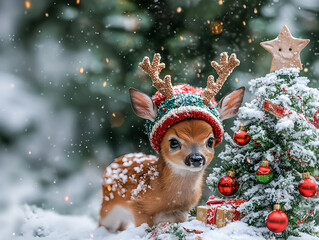 Adorable Baby Fawn in Festive Hat and Scarf by Snowy Tree