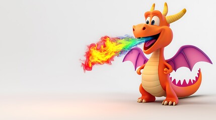 Cute Cartoon Dragon Blowing Rainbow Fire Isolated On White Background