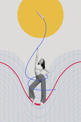 Composite trend artwork sketch photo collage of copybook page workplace young woman ball stand line...