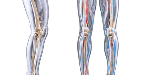 Human knee joints. Knee joint bones, cartilage, ligaments. Arthritis, joint damage, pain. Knee injury, replacement technology, implant, surgery. Bone protection and treatment, 3D anatomy illustration